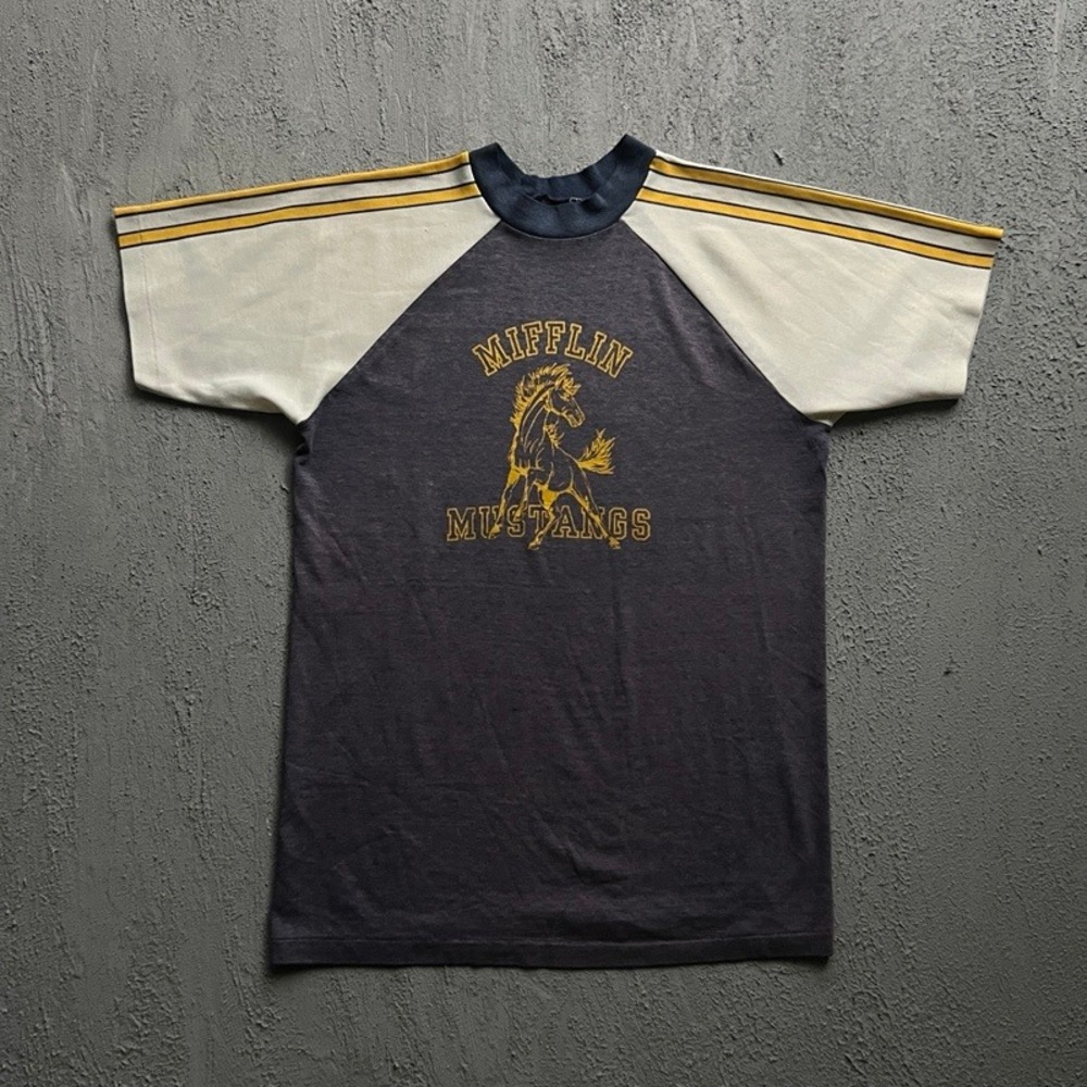 Vintage Mifflin Mustangs Shirt Medium Blue 1970s Raglan Stripe Sleeve